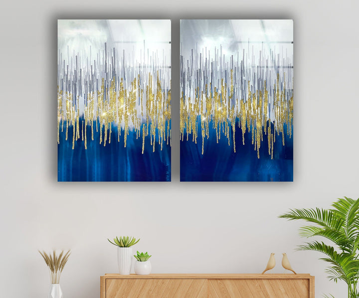 Blue & Gold Sparkles Glass Wall Art, photo print on glass, prints on glass wall art