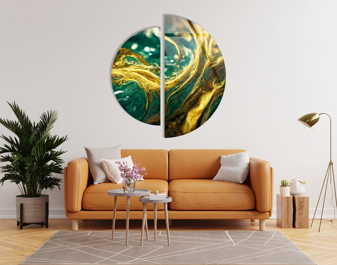 Round 2 Piece Gold Green Glass Wall Art stained glass wall art, stained glass wall decor
