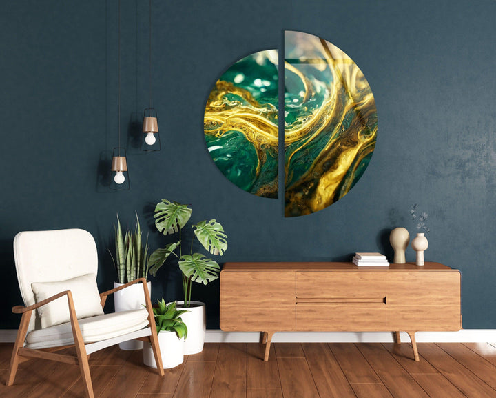 Round 2 Piece Gold Green Glass Wall Art glass wall decor, glass wall art decor
