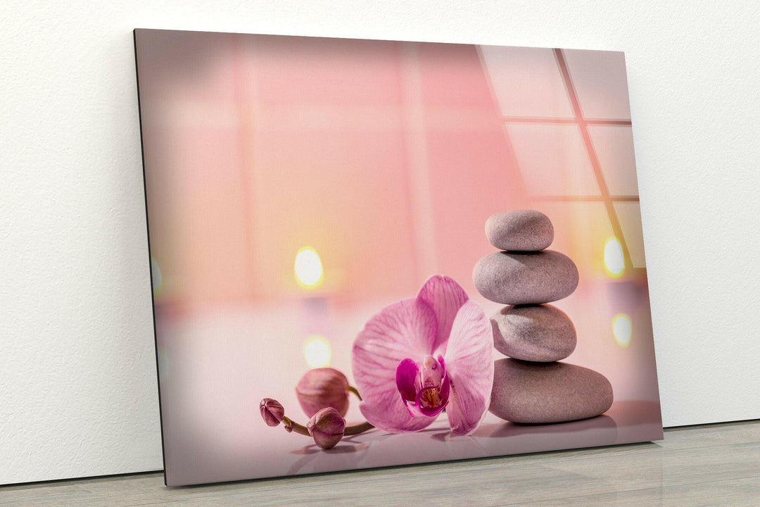 Zen Spa Stones and Pink Flower Cool Glass Art & Print on Glass