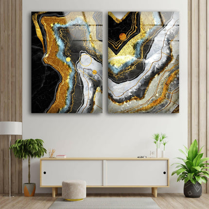 Abstract Golden and Gray Marble Tempered Glass Art