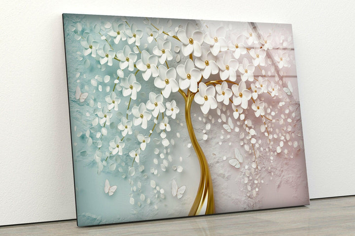 Golden Tree-White Flowers Glass Wall Art, photo print on glass, prints on glass wall art