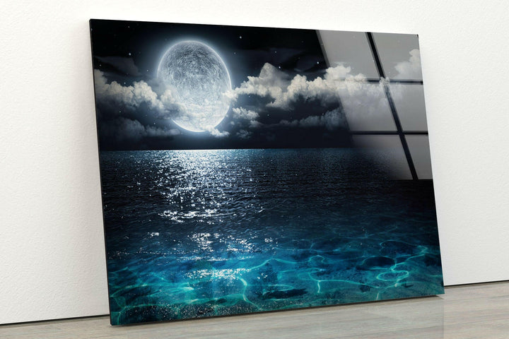 Moon Over The Ocean Glass Wall Art picture on glass wall art, photos printed on glass