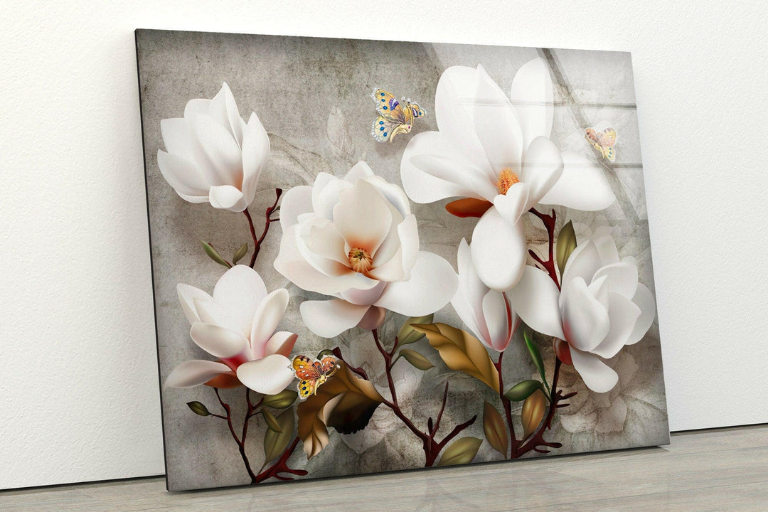 3D White Magnolia Glass Wall Art, photo print on glass, prints on glass wall art