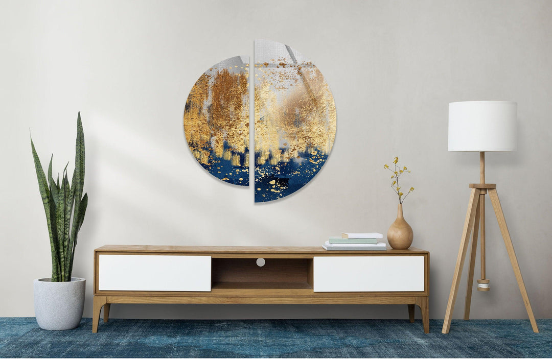 Round 2 Piece Blue & Gold Glass Wall Art custom glass pictures, glass art prints
