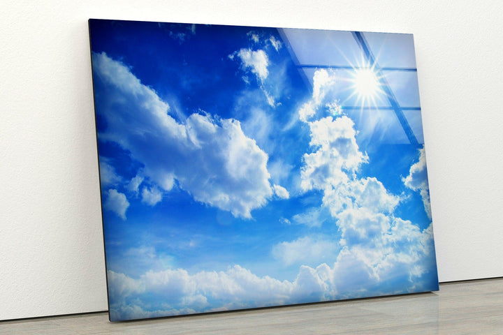 White Clouds and Blue Sky Glass Wall Art