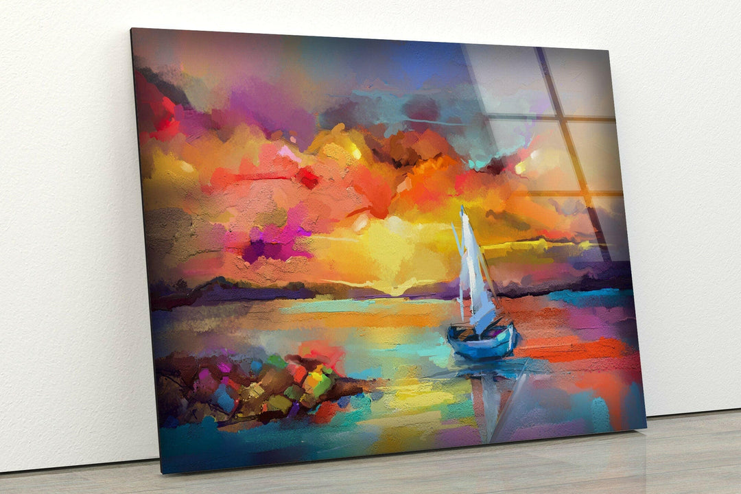 Sunset Sea Painting Glass Wall Art