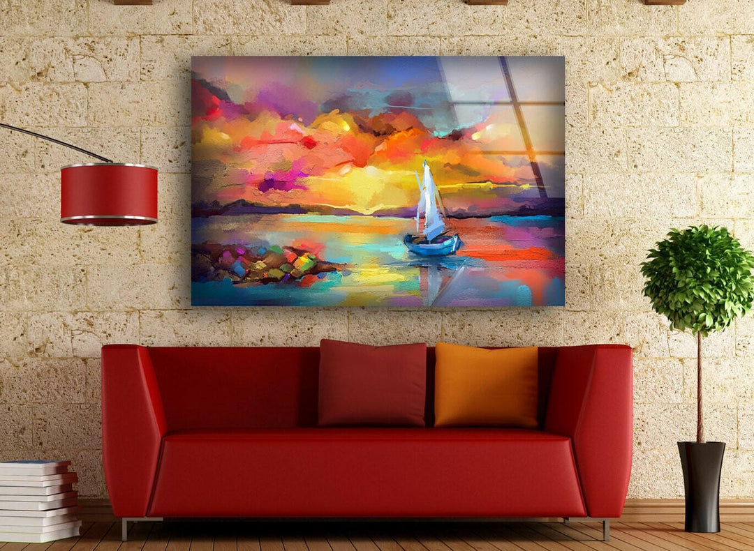 Sunset Sea Painting Glass Wall Art