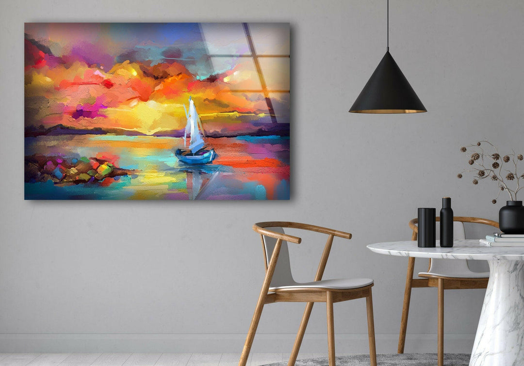 Sunset Sea Painting Glass Wall Art