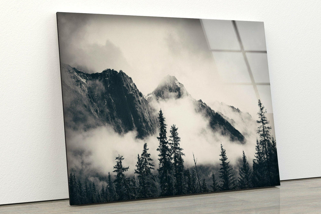 Foggy Mountains Banff Glass Wall Art print on glass, glass printed photos