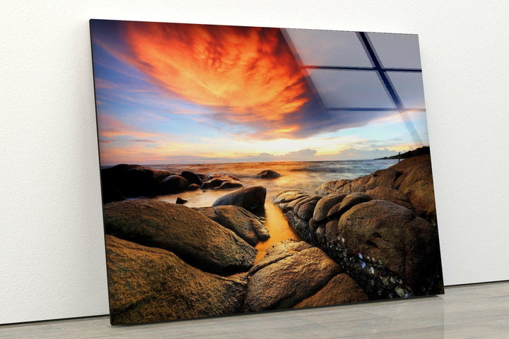 Stone Beach Sunset Glass Wall Art print on glass, glass printed photos