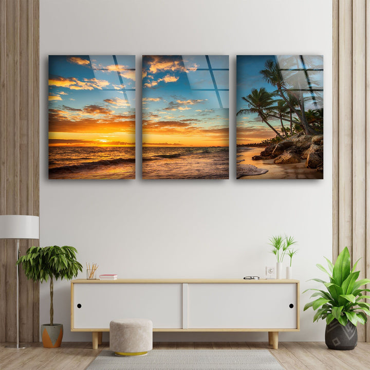 Tropical Island Beach Sunrise Landscape Glass Wall Art, glass pictures for Wall, glass prints wall art