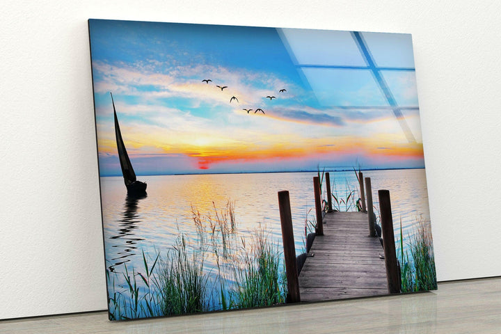 Sunset Birds Pier Glass Wall Art photo print on glass, prints on glass wall art