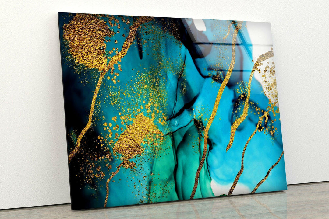 Blue and Golden Marble Glass Wall Art custom glass pictures, glass art prints