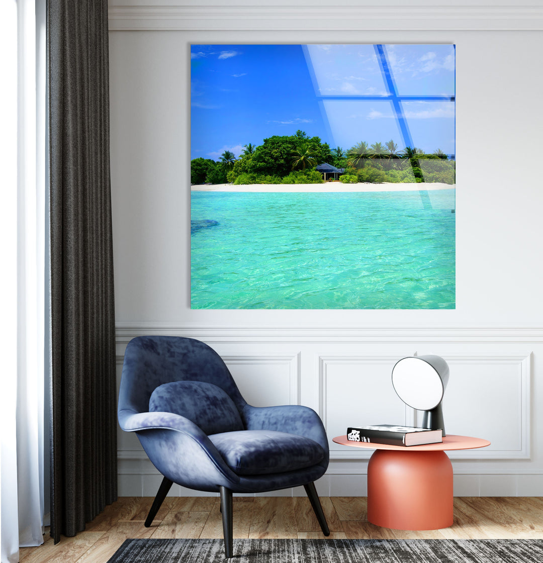 Sandy Island in The Ocean Glass Wall Art custom glass pictures, glass art prints