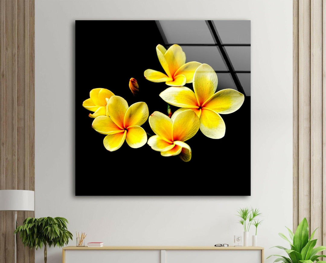 Yellow Plumeria Glass Wall Art, photo print on glass, prints on glass wall art