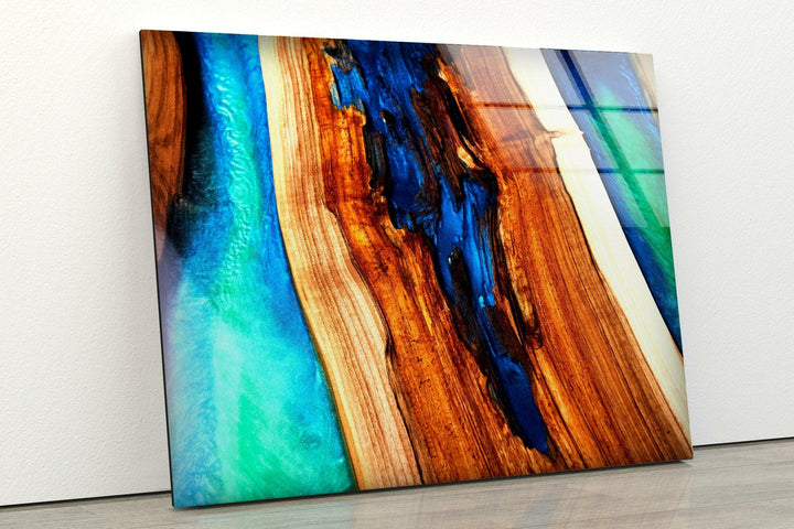 Blue Wood Epoxy Abstract Glass Wall Art, custom glass photo prints, large glass prints