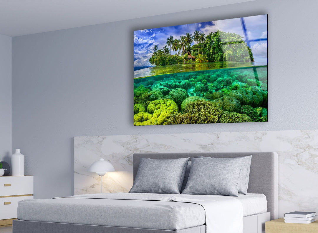 Tropic Island & Under Ocean Glass Wall Art photo print on glass, prints on glass wall art