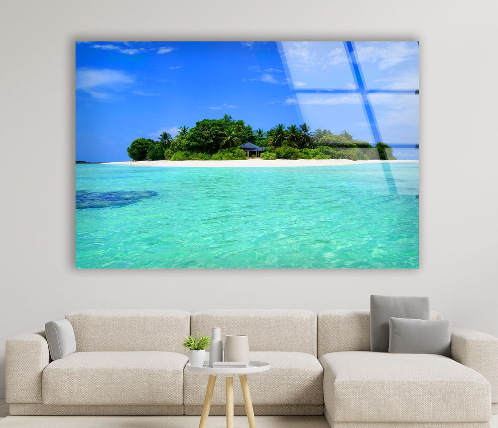 Sandy Island in The Ocean Glass Wall Art glass photo prints, glass picture prints