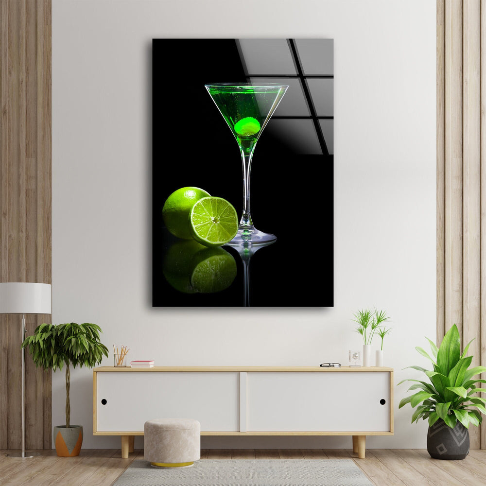 Green Cocktail Glass Wall Art, picture on glass wall art, photos printed on glass