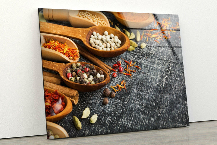 Spices On Wood Spoons Glass Wall Art, Glass Printing Wall Art, Print photos on glass