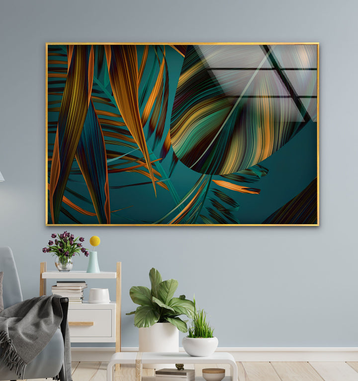 Green Abstract Palm Leaf Glass Printing Wall Art