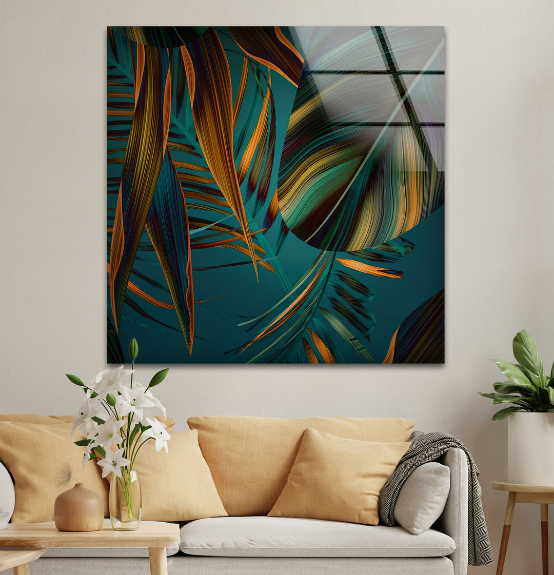 Green Abstract Palm Leaf Glass Picture Prints & Cool Decor