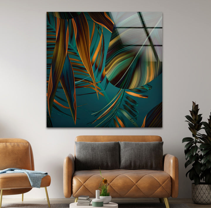 Green Abstract Palm Leaf Glass Wall Art