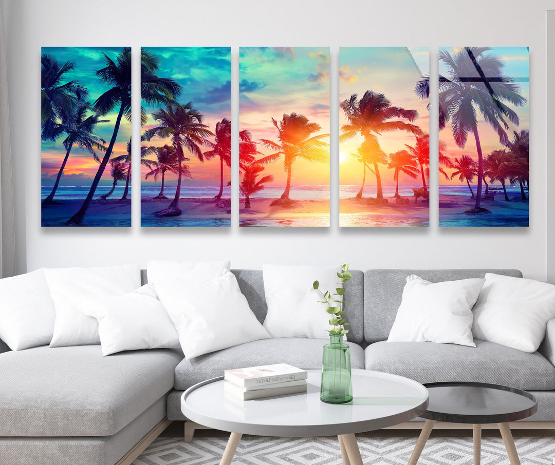 Tropical Palm Trees & Sunset Glass Wall Art, print picture on glass, Tempered Glass Wall Art