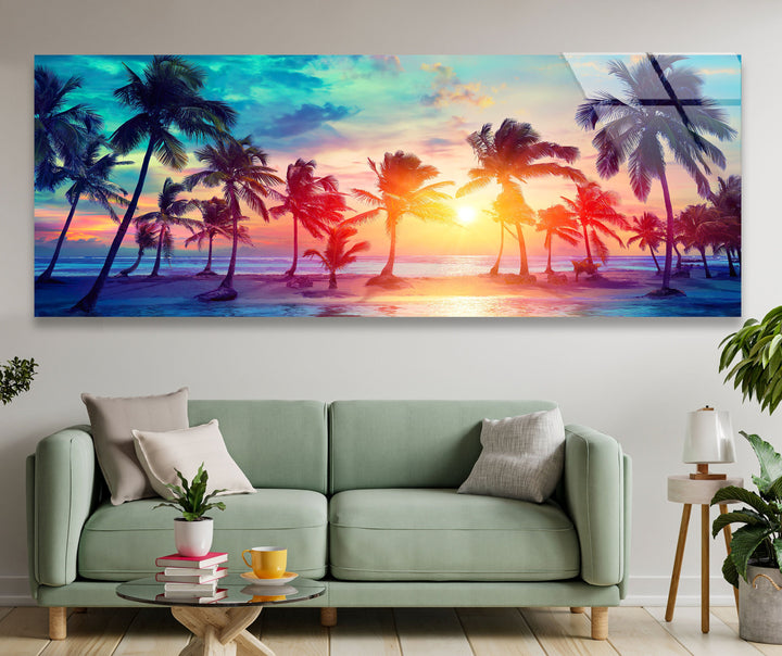 Tropical Palm Trees & Sunset Glass Wall Art, print on glass, glass printed photos