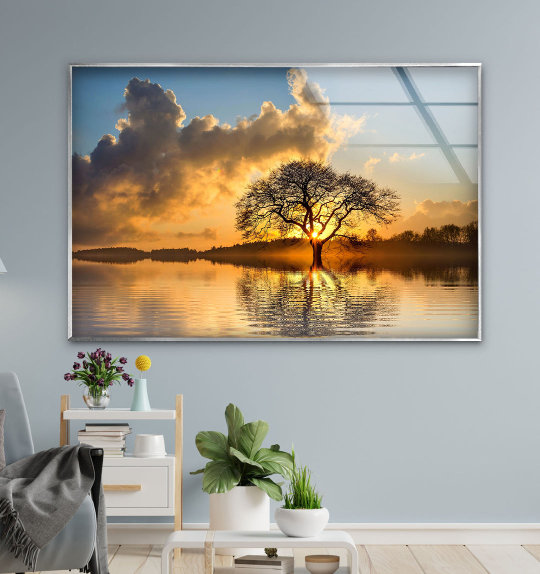 Lonely Tree At Sunset Glass Wall Art glass image printing, glass prints from photos