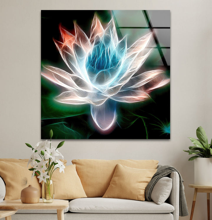 Glowing Lotus Illustration Glass Wall Art, custom glass pictures, glass art prints