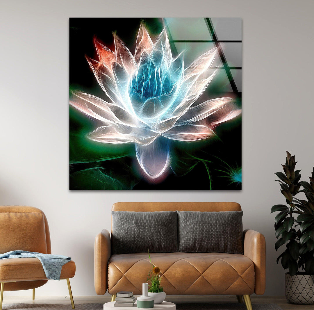 Glowing Lotus Illustration Glass Wall Art, large glass photo prints, glass wall photos