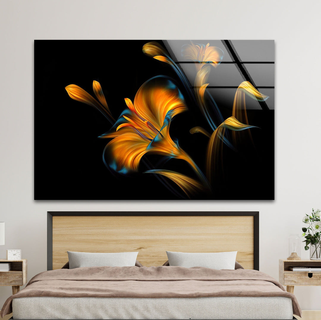 Neon Lily Illustration Glass Wall Art, glass art painting, glass art for the Wall