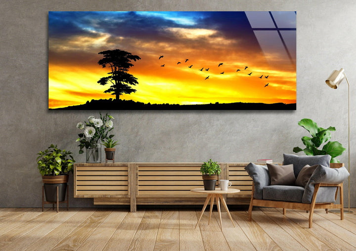 Sunset Nature Silhouette Glass Wall Art, print on glass, glass printed photos