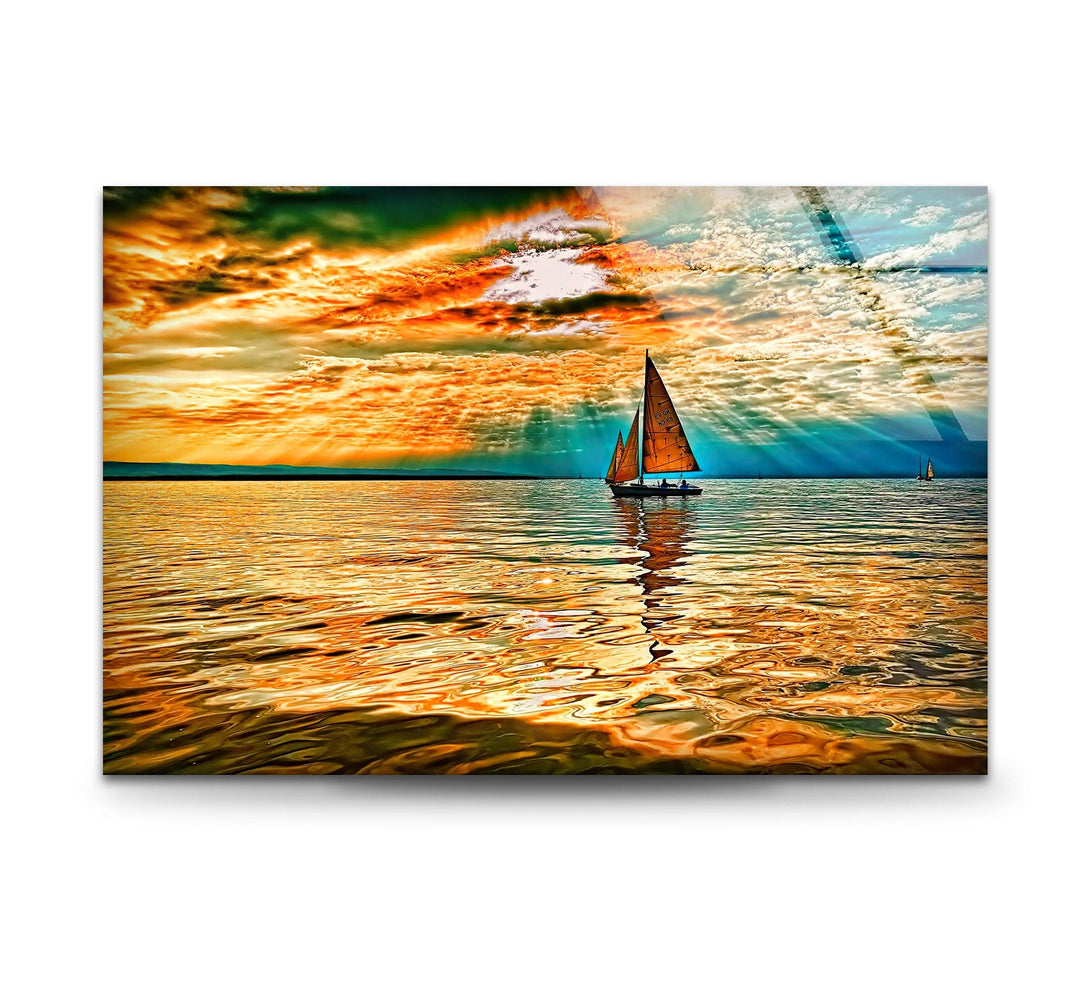 Sailboat Red Sea Sun Glass Wall Art