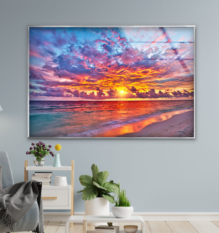 Colorful Sunset Over Ocean Glass Wall Art