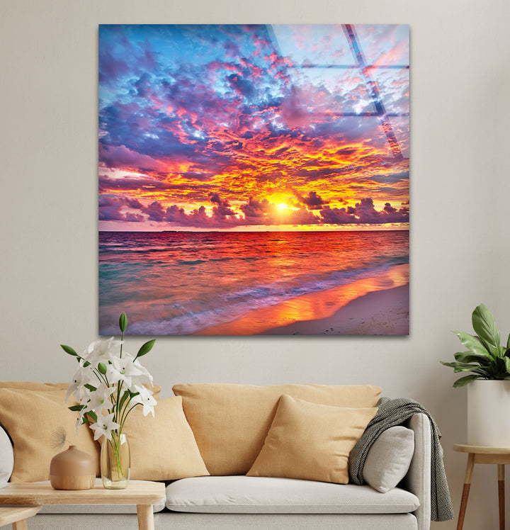 Colorful Sunset Over Ocean Glass Wall Art