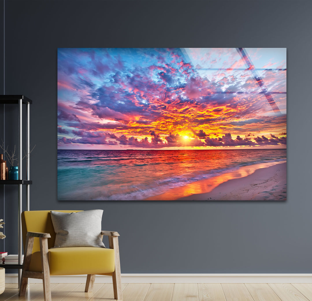 Colorful Sunset Over Ocean Glass Wall Art