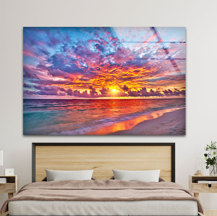 Colorful Sunset Over Ocean Glass Wall Art