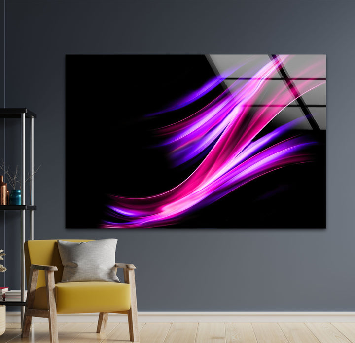 Neon Purple waves with black background Glass Wall Art