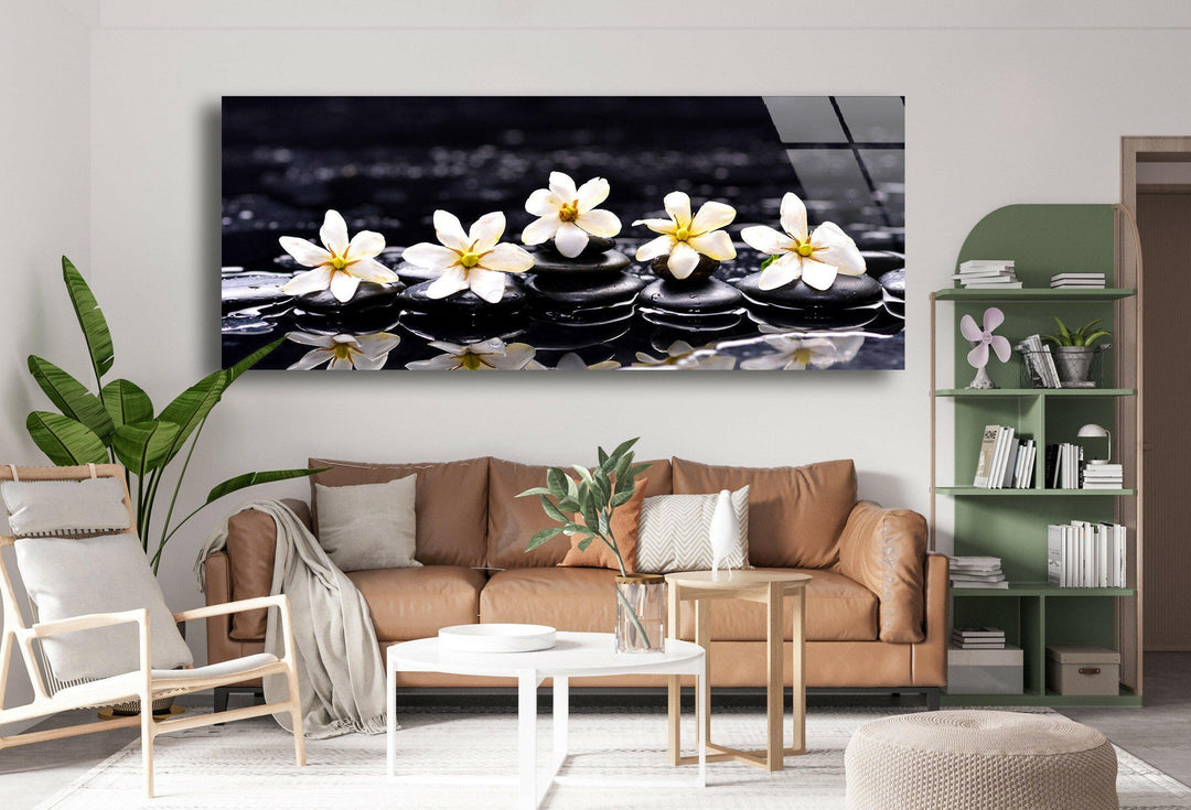 Gardenia With Therapy Stones Glass Wall Art, glass art painting, glass art for the Wall