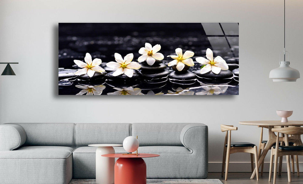 Gardenia With Therapy Stones Glass Wall Art, print picture on glass, Tempered Glass Wall Art