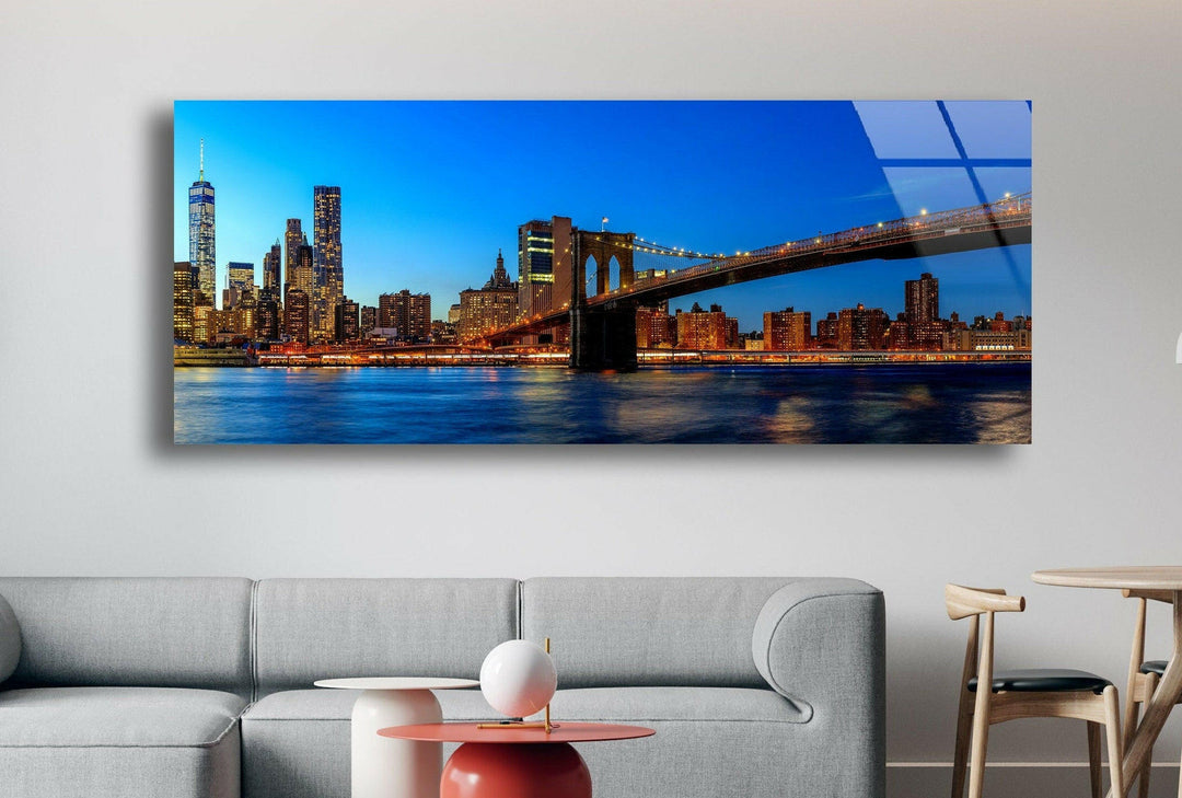 Brooklyn Bridge Night Cityscape Glass Wall Art, Glass Printing Wall Art, Print photos on glass