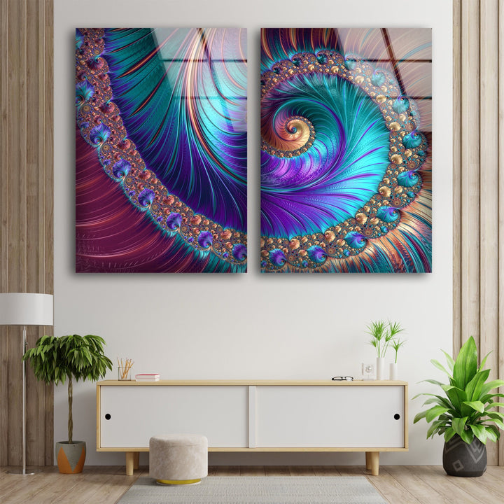 Purple Spiral Peacock Abstract Glass Wall Art, glass photo prints, glass picture prints