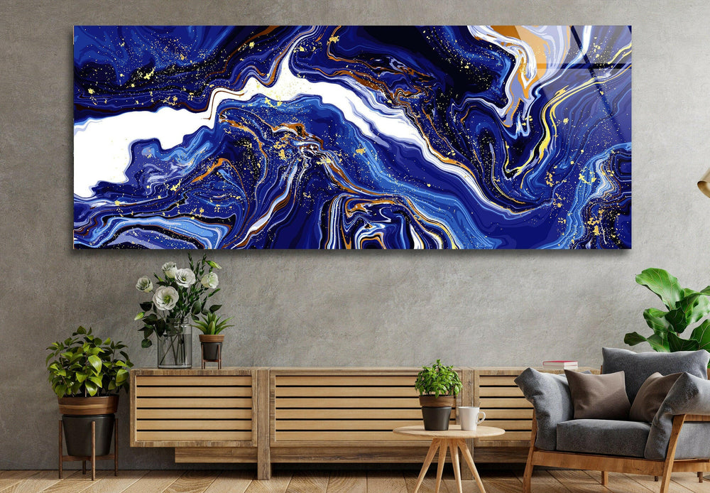 Gold, Blue Abstract Marble Glass Wall Art, glass pictures for Wall, glass prints wall art