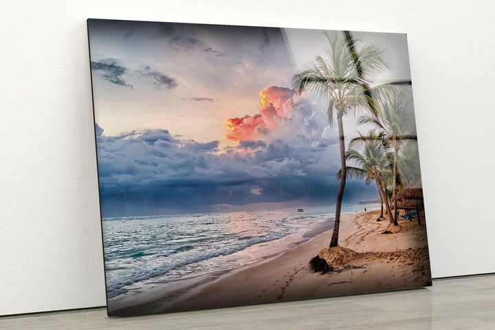 Tropical Beach With Palm Tree Glass Wall Art