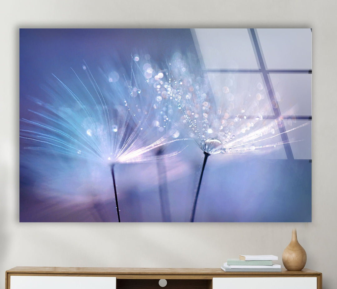 Dandelion Blue Sparkling Drops Glass Wall Art, photo print on glass, prints on glass wall art