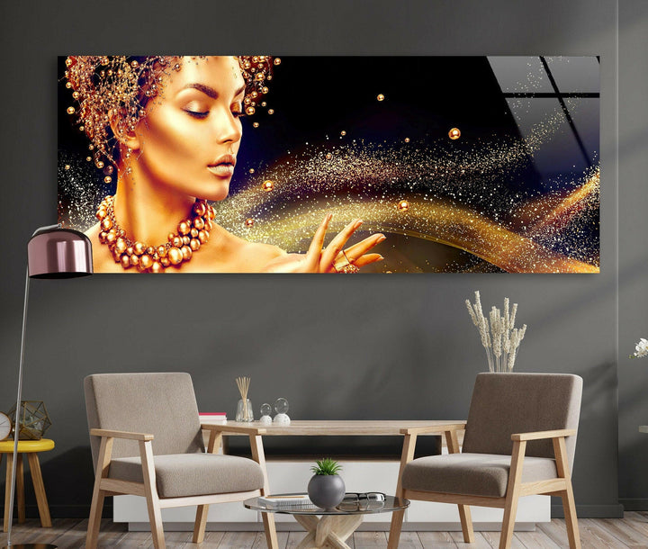 Golden Woman Portrait Glass Wall Art, glass wall decor, glass wall art decor