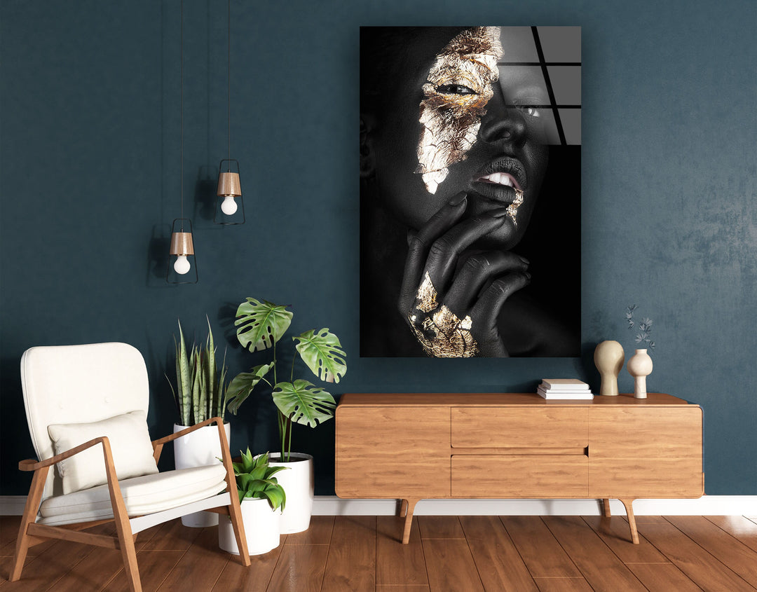 Gold & Black Woman Portrait Cool Glass Art & Photo on Glass